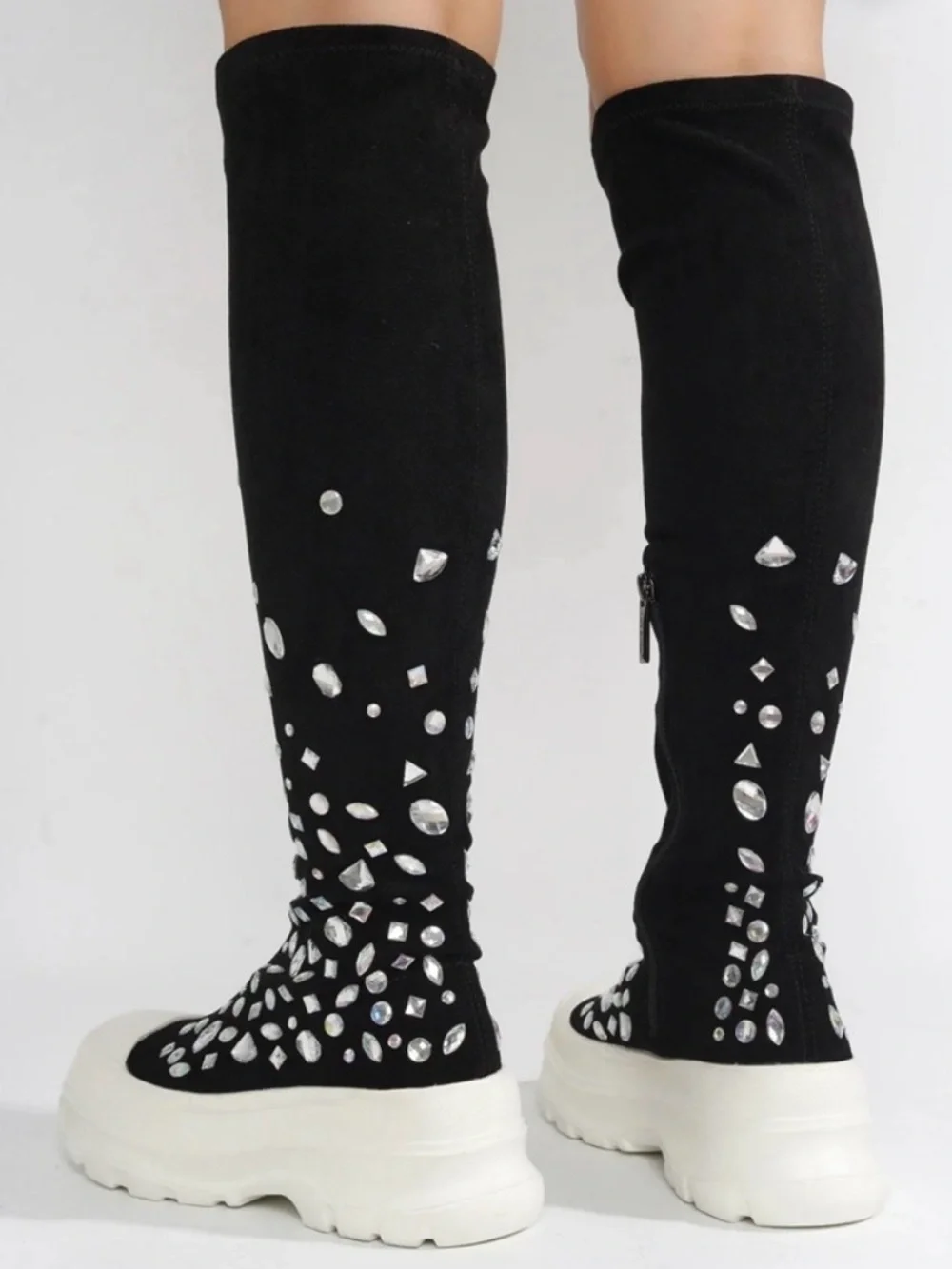 Cape Robbin Black Knee-High Platform Boots with White Soles and Silver Studs